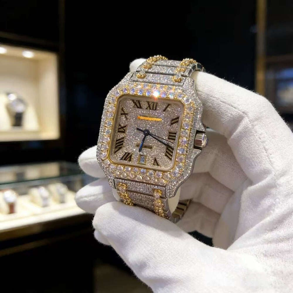 Hip Hop Luxury VVS Moissanite Watch Automatic Mechanical Movement Full Iced Out Honeycomb Pattern Stainless Steel Waterproof Case Stylish Wristwatch