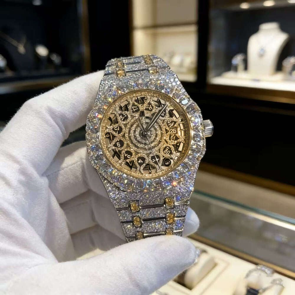 Hip Hop Luxury VVS Moissanite Watch Automatic Mechanical Movement Full Iced Out Honeycomb Pattern Stainless Steel Waterproof Case Stylish Wristwatch