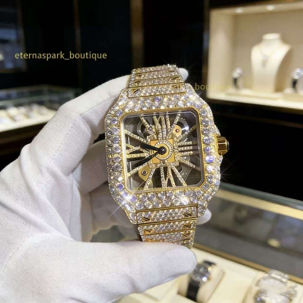 Hip Hop Luxury VVS Moissanite Watch Automatic Mechanical Movement Full Iced Out Honeycomb Pattern Stainless Steel Waterproof Case Stylish Wristwatch
