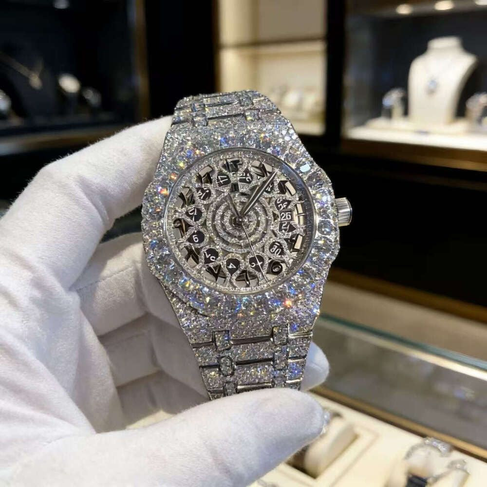 Hip Hop Luxury VVS Moissanite Watch Automatic Mechanical Movement Full Iced Out Honeycomb Pattern Stainless Steel Waterproof Case Stylish Wristwatch