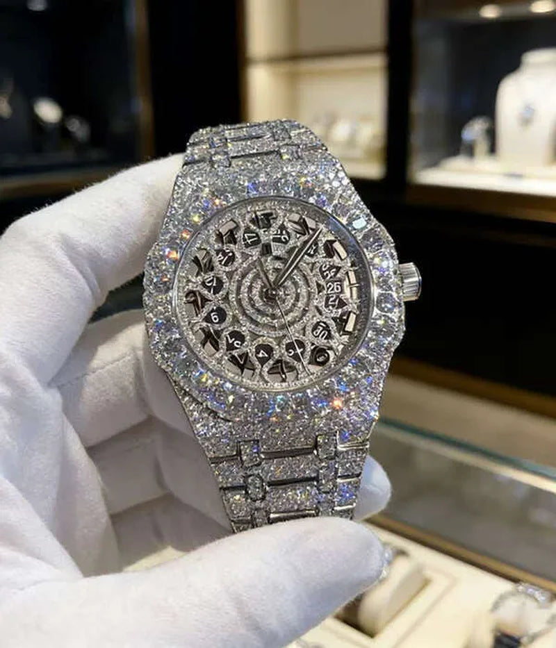 Hip Hop Luxury VVS Moissanite Watch Automatic Mechanical Movement Full Iced Out Honeycomb Pattern Stainless Steel Waterproof Case Stylish Wristwatch