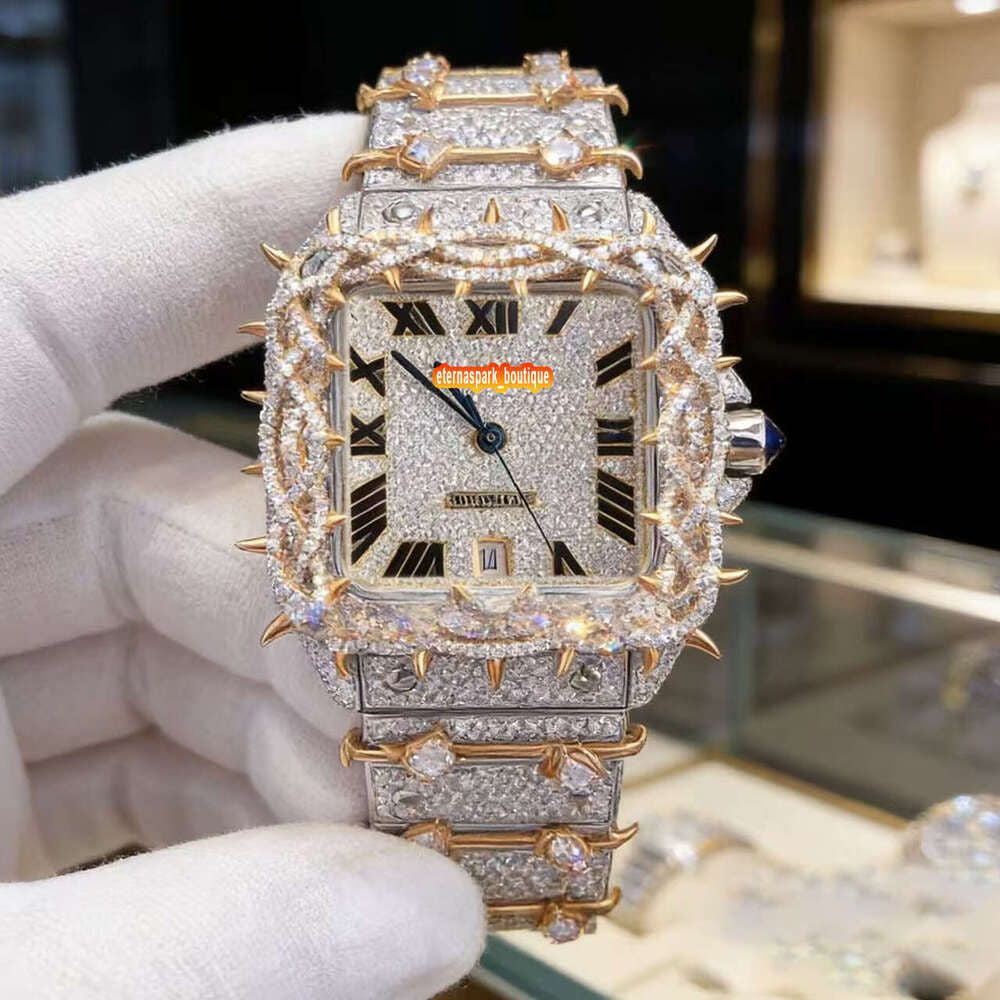 Hip Hop Luxury VVS Moissanite Watch Automatic Mechanical Movement Full Iced Out Honeycomb Pattern Stainless Steel Waterproof Case Stylish Wristwatch