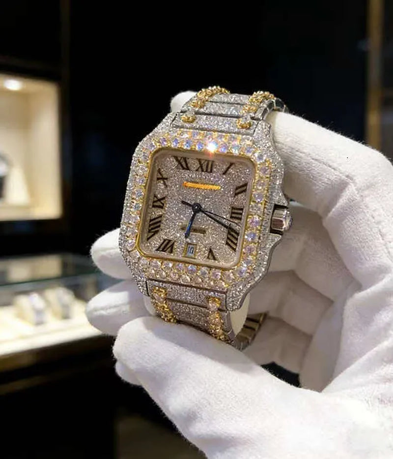 Hip Hop Luxury VVS Moissanite Watch Automatic Mechanical Movement Full Iced Out Honeycomb Pattern Stainless Steel Waterproof Case Stylish Wristwatch