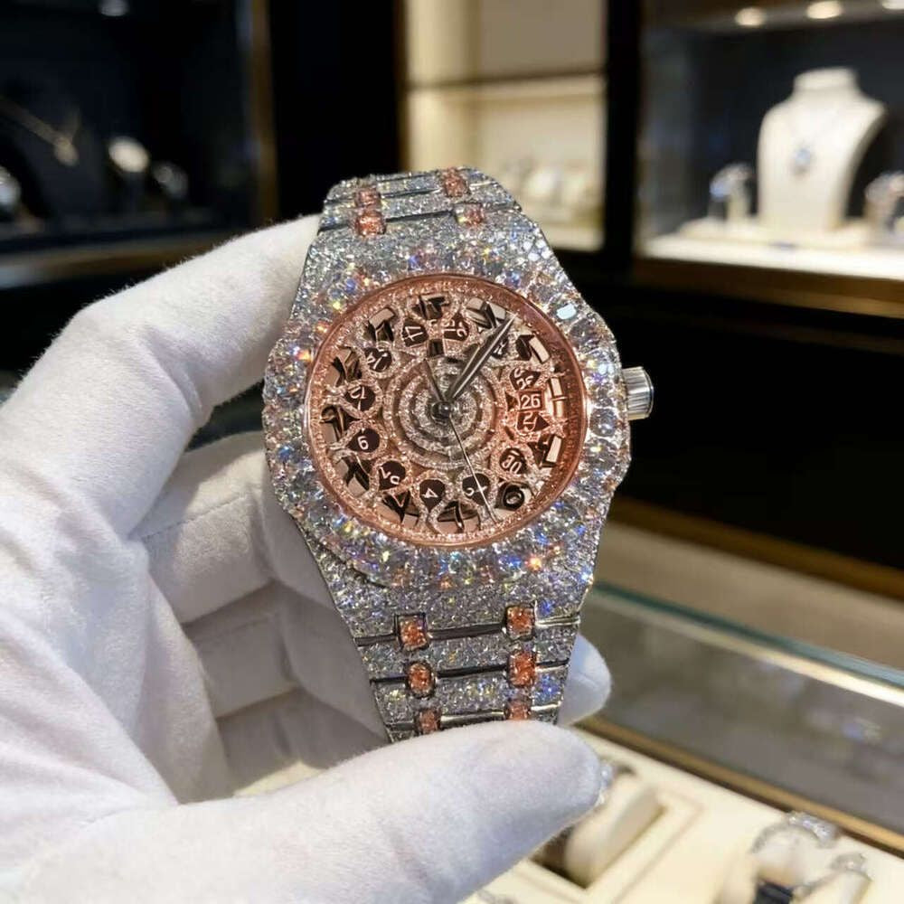 Hip Hop Luxury VVS Moissanite Watch Automatic Mechanical Movement Full Iced Out Honeycomb Pattern Stainless Steel Waterproof Case Stylish Wristwatch